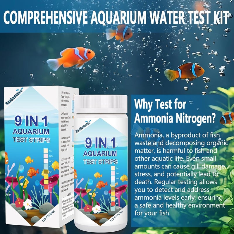 SaySummer Aquarium Test Strips for Fish Tank: 9 in 1 Aquarium Ammonia Test Strips for Fish Tank - 125 Counts Aquarium Water Test Kit Testing Ammonia Nitrogen, Copper, pH and More - Image 3